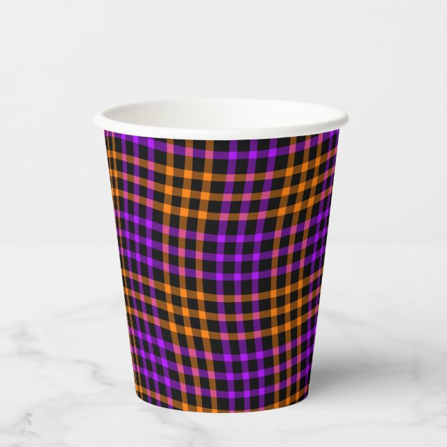 Purple Orange Plaid Checker Seamless Pattern Pappbecher (Vorderseite)