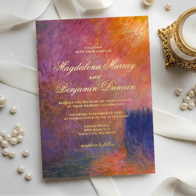 Purple & Orange Sunset Sky Monet Fine Art Wedding Folieneinladung (Von Creator hochgeladen)