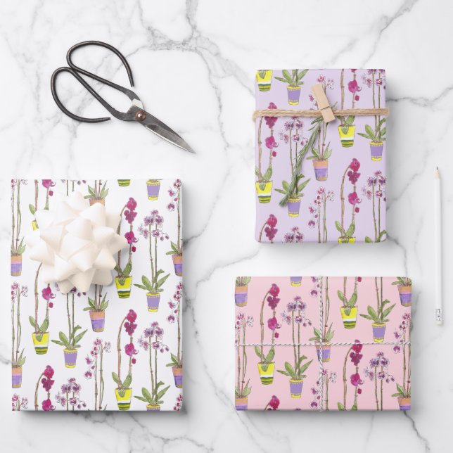 Purple Orchids Whimsical Floral Wrapping Paper Set Geschenkpapier Set (Vorderseite)