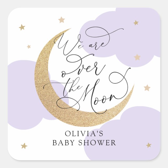 Purple Over the Moon Baby Shower Quadratischer Aufkleber (Vorderseite)