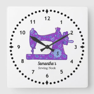 Purple Paisley Sewing Large Clock Machine Quadratische Wanduhr