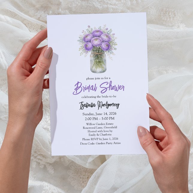 Purple Palette Ranunculus Mason Jar Bridal Shower Einladung (Purple Palette Ranunculus Mason Jar Bridal Shower Invitation
)