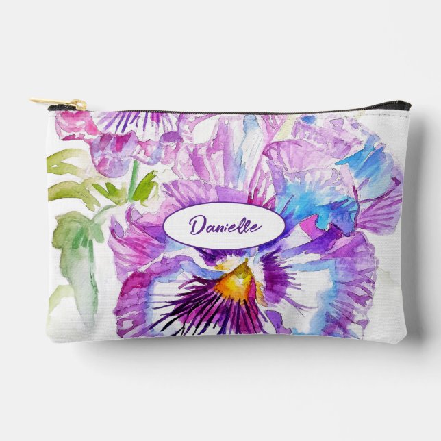 Purple Pansy Flower Pattern Watercolor Girls Zubehörtasche (Vorderseite)