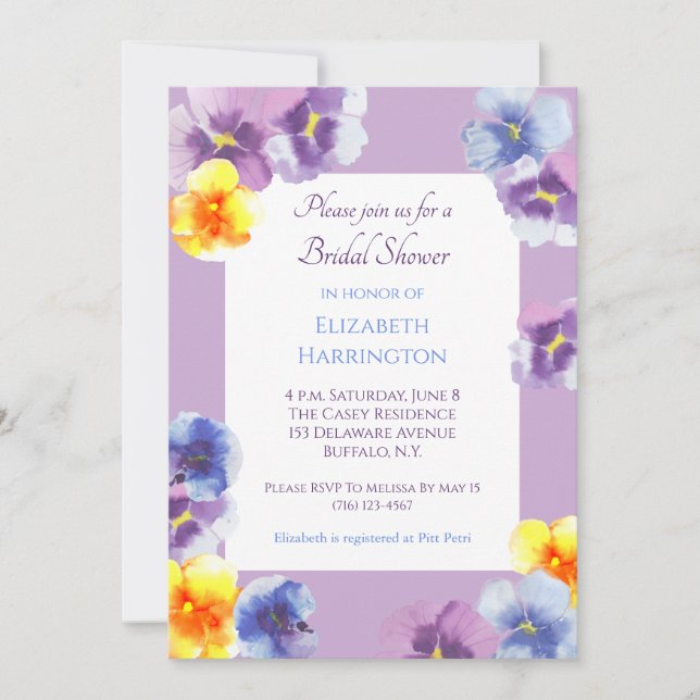 Purple Pansy Watercolor Boho Bridal Shower Einladung (Vorderseite)