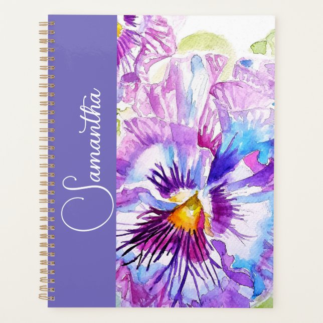 Purple Pansy Watercolor Flower Girls Name Floral Planer (Vorderseite)