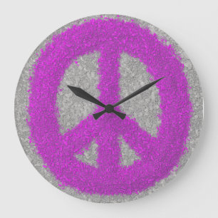 Purple Peace Sign Große Wanduhr