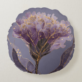 Purple Peony Inspired Floral Gold Accents Rundes Kissen