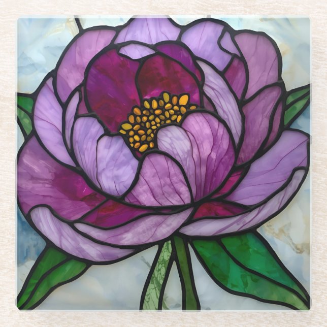 Purple Peony Stained  Glasuntersetzer (Vorderseite)