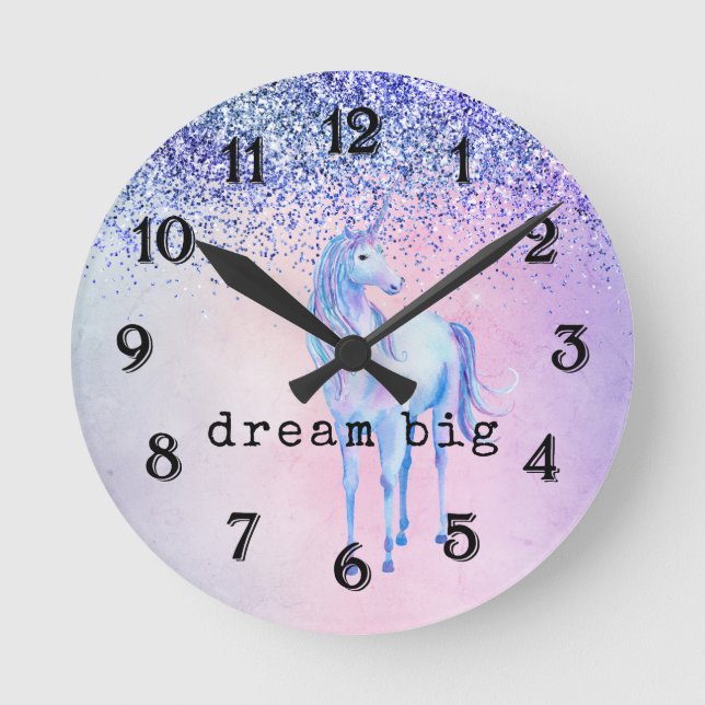 Purple Pink Blue Schatten Unicorn Glitter Runde Wanduhr (Vorderseite)