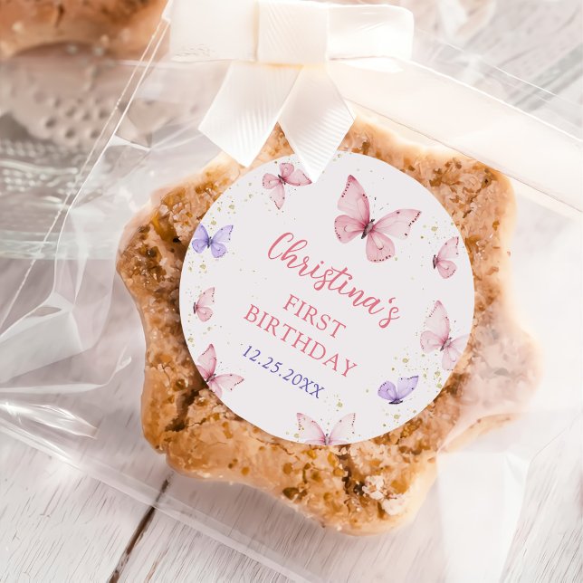 Purple Pink Bow Butterfly Birthday Party Runder Aufkleber (Von Creator hochgeladen)