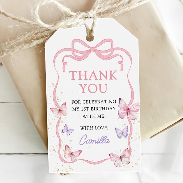 Purple Pink Bow Butterfly Girl Birthday Party Geschenkanhänger (Von Creator hochgeladen)