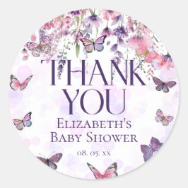 Purple Pink Butterflies & Wildflowers Baby Shower Runder Aufkleber