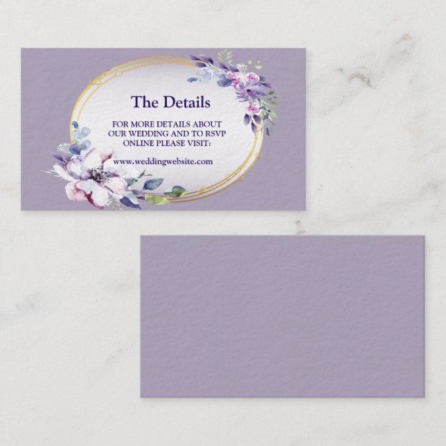 Purple Pink Floral Watercolor Gold Wedding Detail  Begleitkarte (Vorne/Hinten)