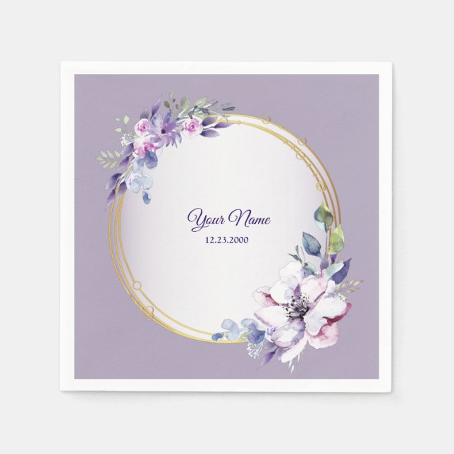 Purple Pink Floral Watercolor Gold Wedding Party  Serviette (Vorderseite)
