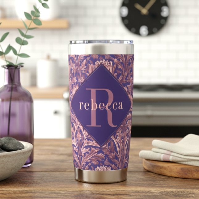 Purple Pink Floral William Morris Elegant Monogram Thermobecher (Von Creator hochgeladen)