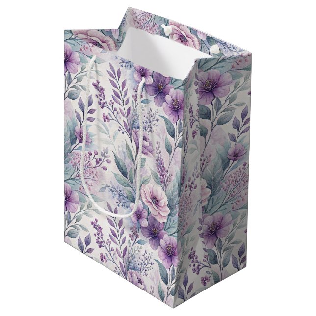 Purple, Pink, Lavender Floral  Mittlere Geschenktüte (Vorderseite Schrägansicht)