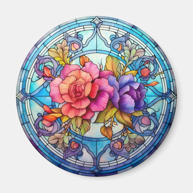 Purple & Pink Rose Floral Faux Stained-Glass Magnet (Vorne)