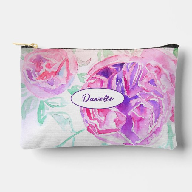 Purple Pink Rose Flower Pattern Watercolor Girls Zubehörtasche (Vorderseite)