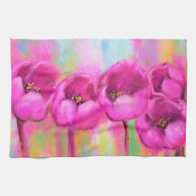 Purple Pink Tulips - Spring Art Original Painting Geschirrtuch (Horizontal)