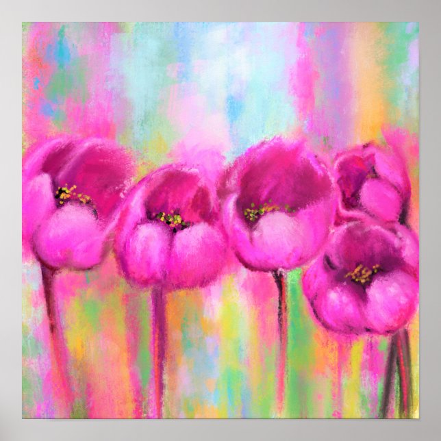 Purple Pink Tulips - Spring Art Original Painting Poster (Vorne)