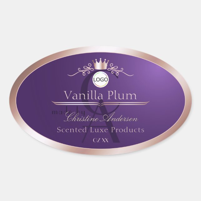 Purple Product Label Rose Gold Frame Logo Monogram Ovaler Aufkleber (Vorderseite)