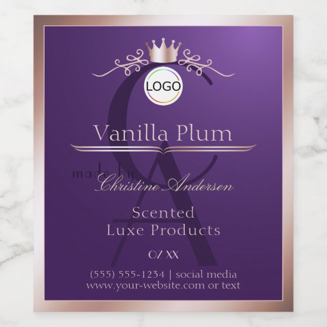 Purple Product Label Rose Gold Frame Logo Monogram Weinetikett (Einzelnes Label)