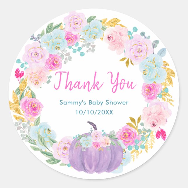 Purple Pumpkin Floral Wreath Baby Shower Thank You Runder Aufkleber (Vorderseite)