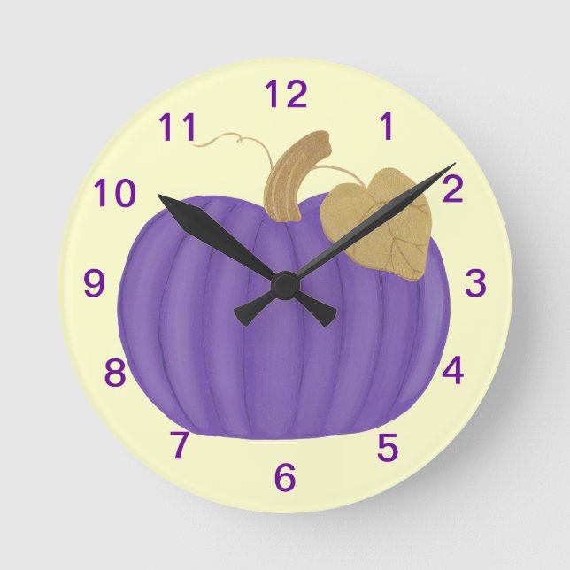 Purple Pumpkin Gold Leaf Clock Runde Wanduhr (Vorderseite)