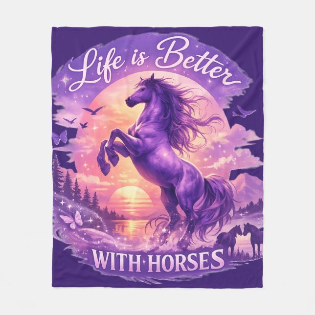 Purple Rearing Horse Sunset Fantasy Art  Fleecedecke (Vorderseite)