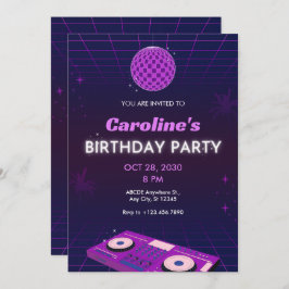 PURPLE RETRO NIGHT DJ DISCO BALL BIRTHDAY PARTY EINLADUNG