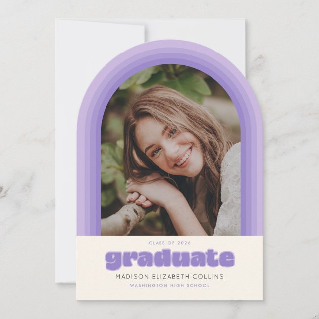 Purple Retro Striped Arch Graduation Announcement Einladung (Vorderseite)