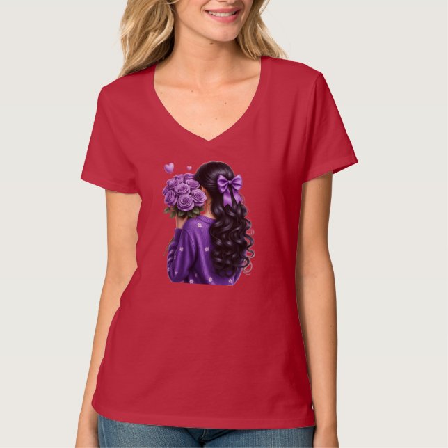 Purple Rose Bouquet Girl Digital Art T-Shirt (Vorderseite)