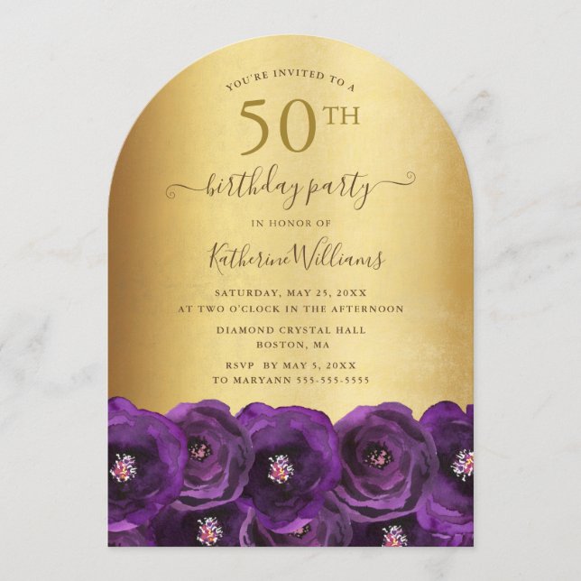 Purple Rose Floral Gold 50th Birthday Party Einladung (Vorderseite)