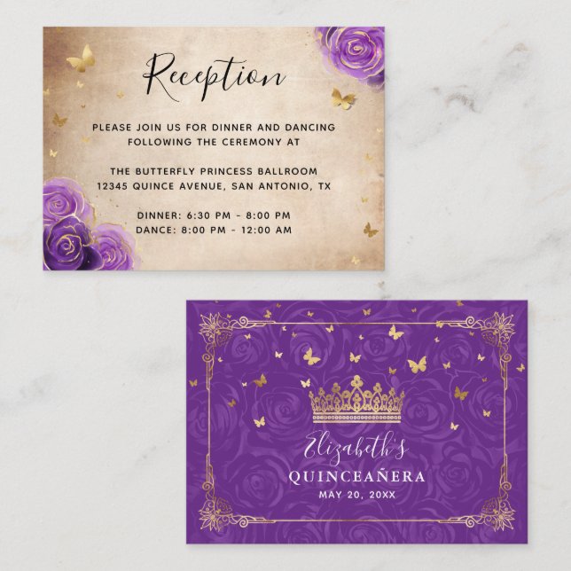 Purple Rose Gold Crown Elegant Details Begleitkarte (Vorne/Hinten)