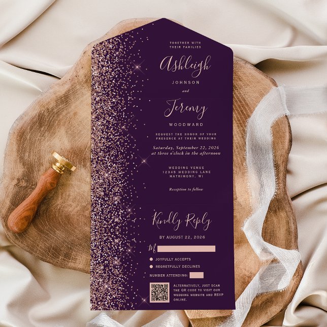 Purple Rose Gold Glitter QR Code Wedding All In One Einladung (Von Creator hochgeladen)