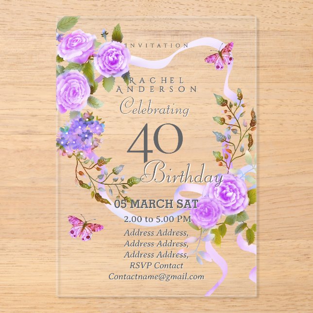 Purple Rose Ribbon 40th Birthday Invitation Acryleinladungen (Vorderseite)