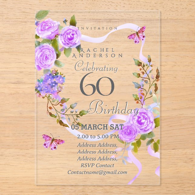 Purple Rose Ribbon 60th Birthday Invitation Acryleinladungen (Vorderseite)