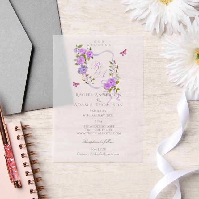 Purple Rose Ribbon Monogram Wedding  Invitation (Hochzeit)