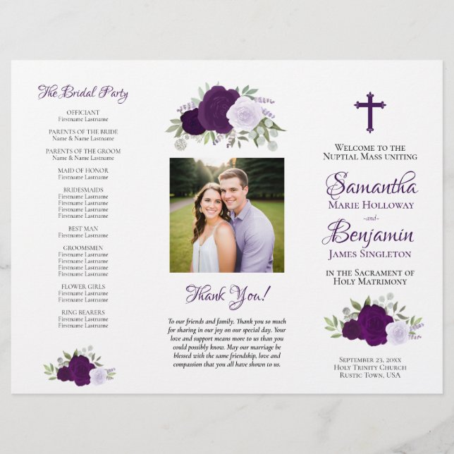 Purple Roses DIY tri-fold Catholic Wedding Program Flyer (Vorne)