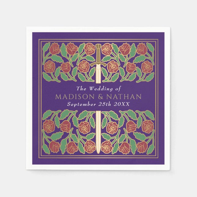 Purple Royal Medieval Gold Floral Sword Wedding Serviette (Vorderseite)