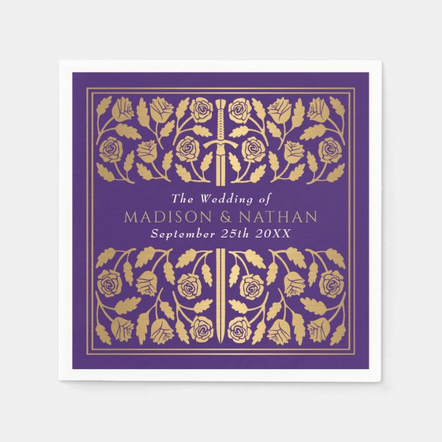 Purple Royal Medieval Gold Sword Wedding Serviette (Vorderseite)