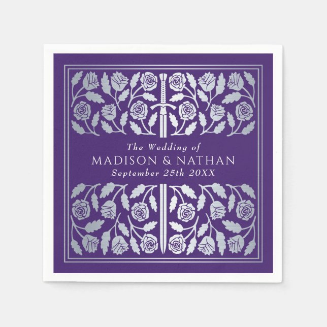 Purple Royal Medieval Silver Sword Wedding Serviette (Vorderseite)