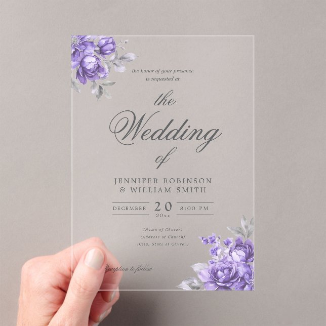 Purple Rustic Floral Elegant Script Wedding  Acryleinladungen (Insitu (Handheld))