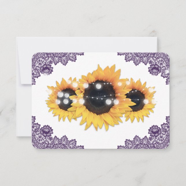 Purple Rustic Floral Lace Sunflower Wedding RSVP Karte (Vorderseite)