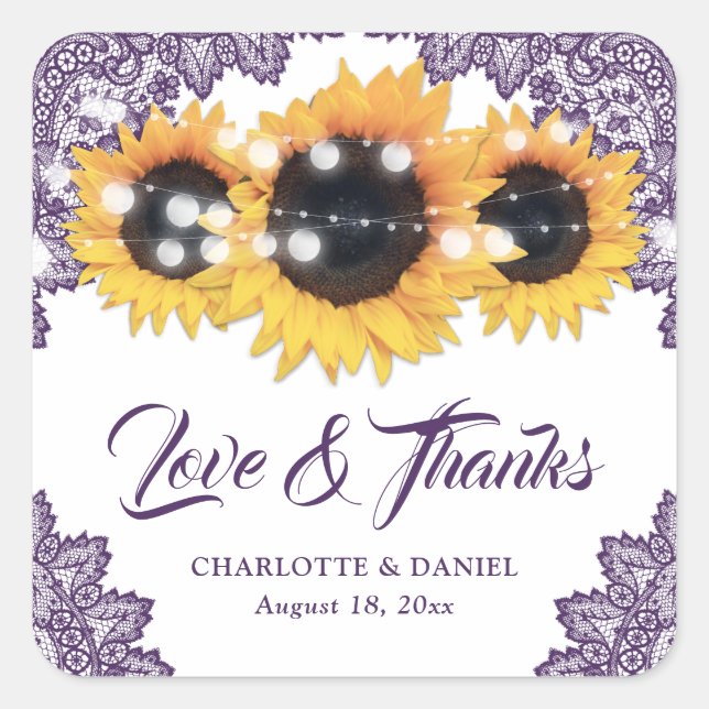 Purple Rustic Sunflower Wedding Thank You Quadratischer Aufkleber (Vorderseite)