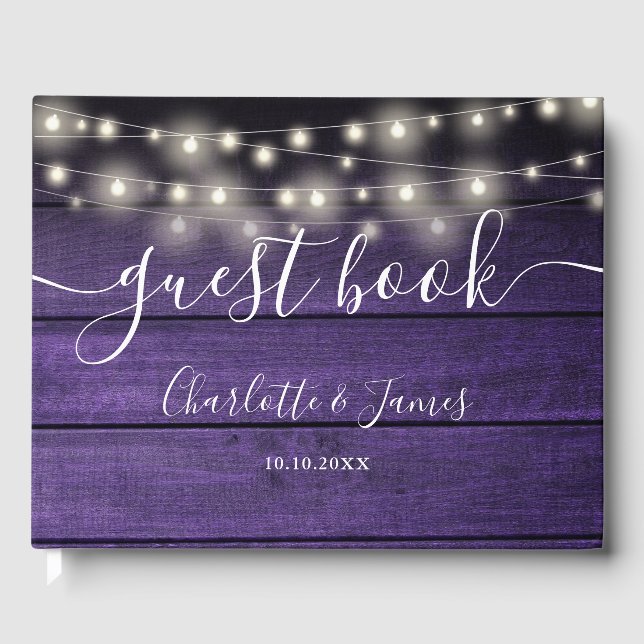 Purple Rustic Wood String Lights Photo Wedding Gästebuch (Vorderseite)