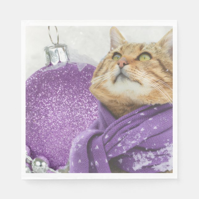Purple Scarf Winter Cat Napkins Serviette (Vorderseite)