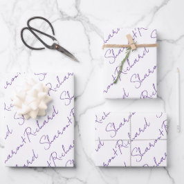 Purple script calligraphy names wedding geschenkpapier set
