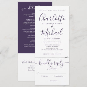 Purple Script Minimalist All In One Hochzeit Einladung
