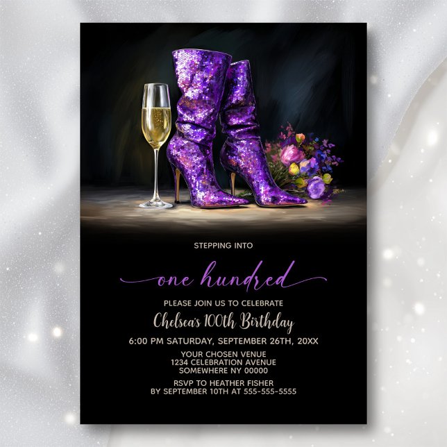 Purple Sequin Boots 100th Birthday Party Einladung (Von Creator hochgeladen)
